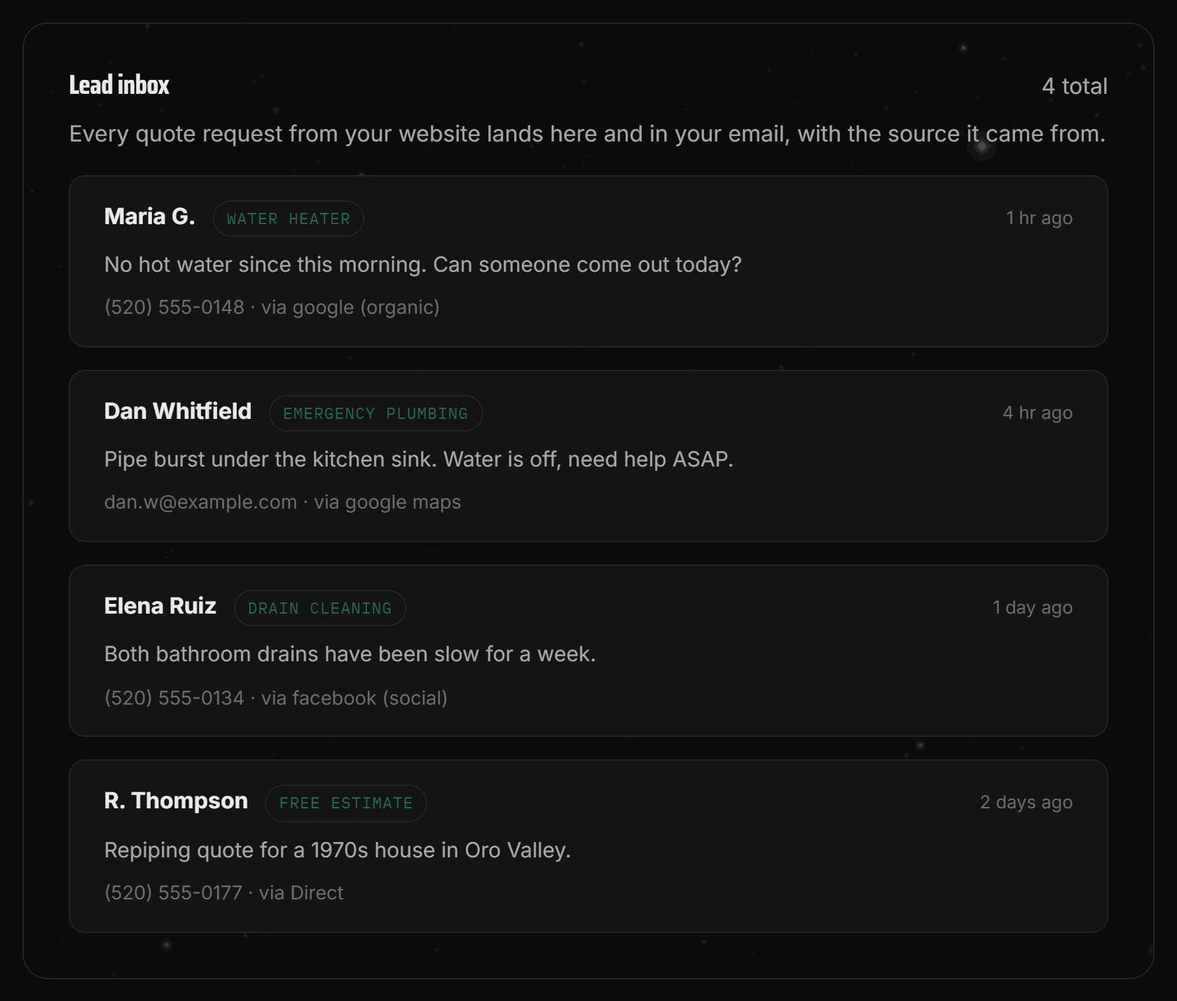Your lead inbox: every quote request your site captured, with the customer's message, contact info, and the source it came from