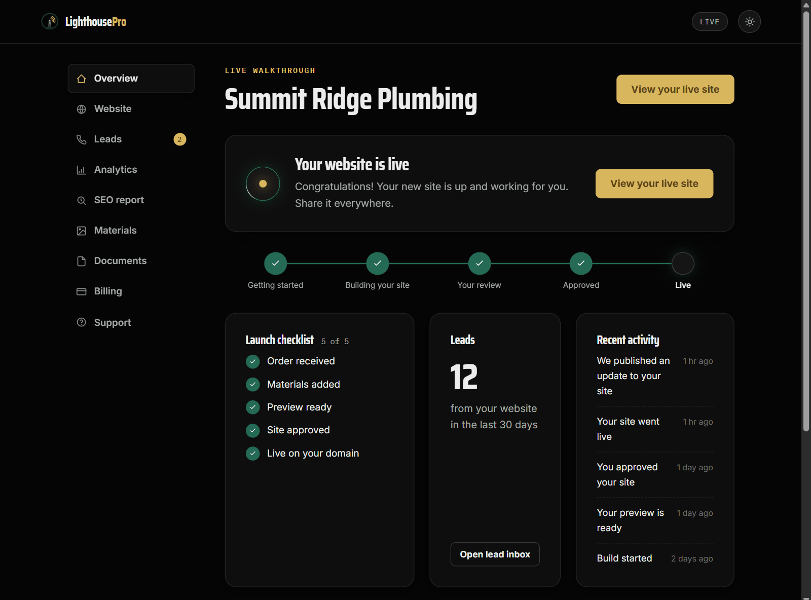 The dashboard overview: your stage tracker from Getting started to Live, the launch checklist, and your lead count